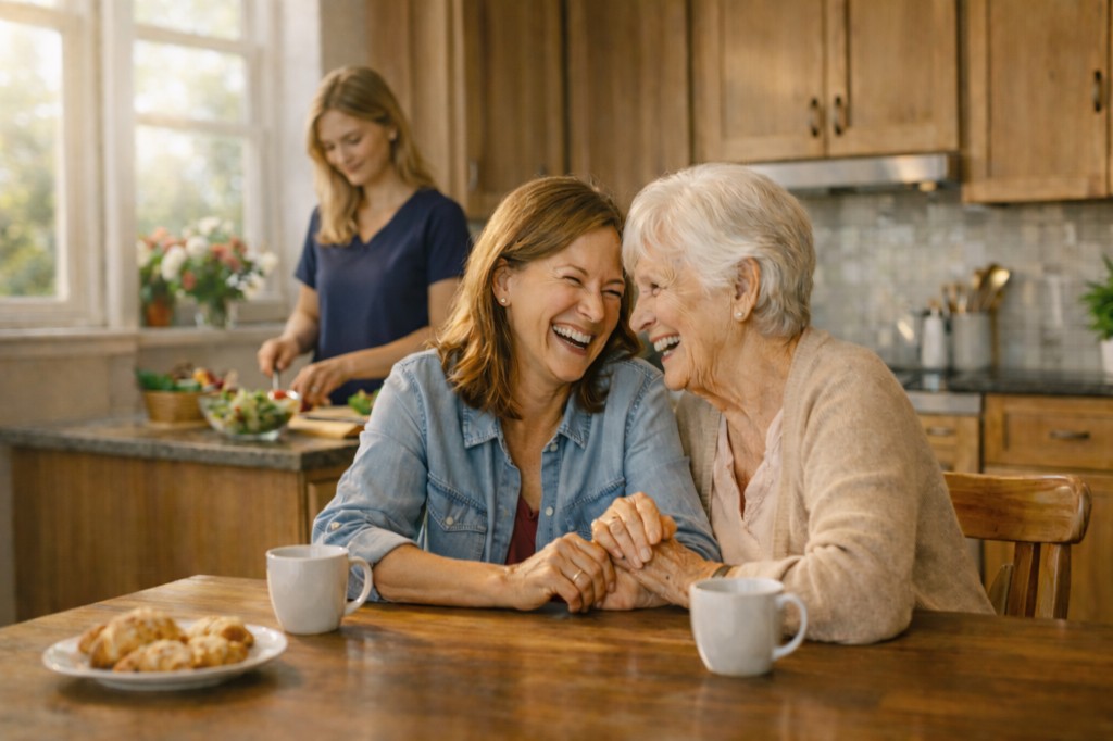Two women at a kitchen table—one older with white hair, one middle-aged—laughing together, hands clasped; a younger woman in a blue top in the background at the counter preparing a salad. Warm, natural light and connection at home.