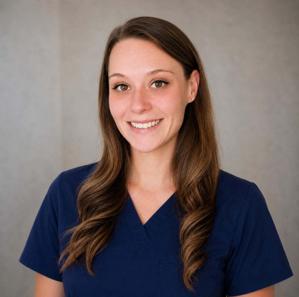 Brittany Lynn Marley, PSW—Founder & Director of Marley Care Management, in navy scrubs.