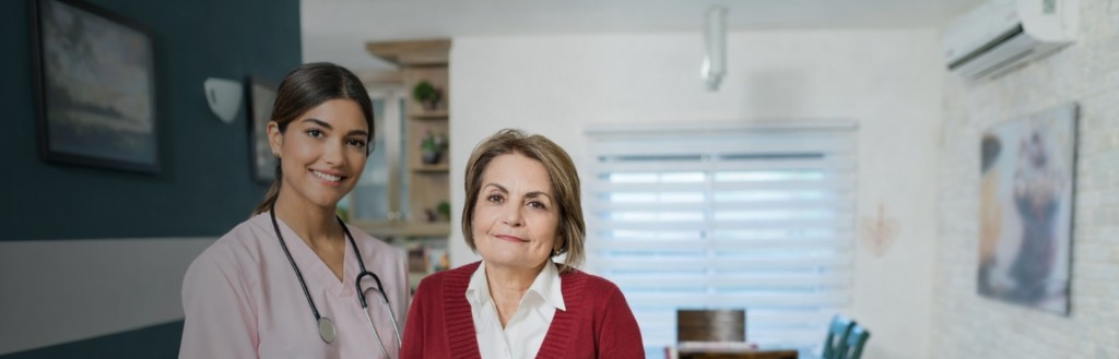Care professional and client in a modern home—personalized, in-home care.